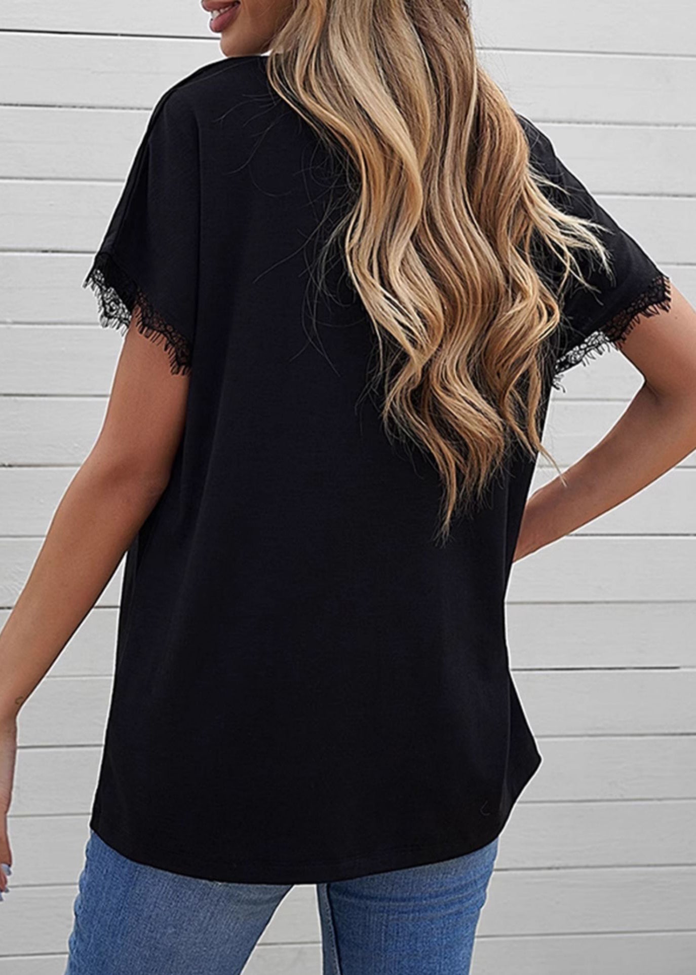 Short Solid Casual Shirt Lace Patchwork T Sleeve Black