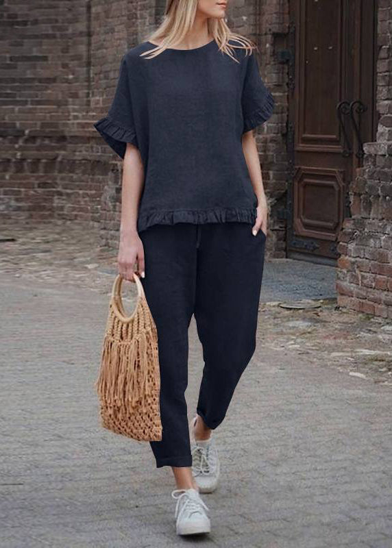 Black Top Patchwork Casual Solid Ruffled Two Pants Crop And