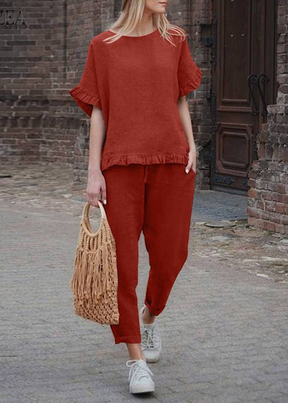 Black Top Patchwork Casual Solid Ruffled Two Pants Crop And