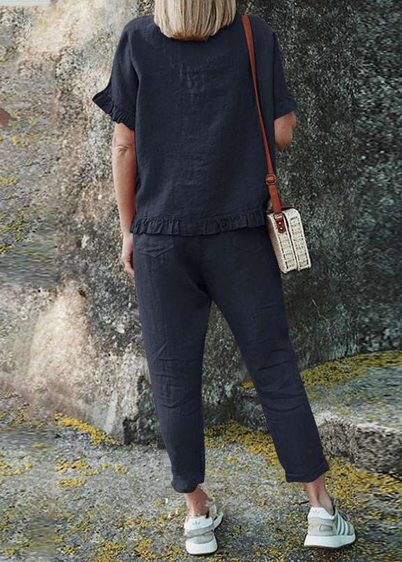 Black Top Patchwork Casual Solid Ruffled Two Pants Crop And