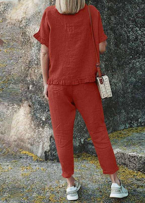 Black Top Patchwork Casual Solid Ruffled Two Pants Crop And