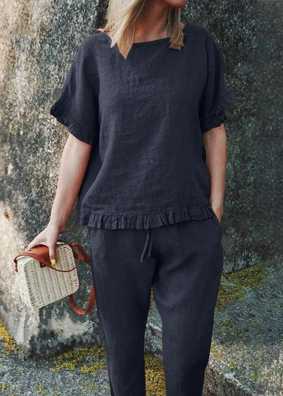 Black Top Patchwork Casual Solid Ruffled Two Pants Crop And