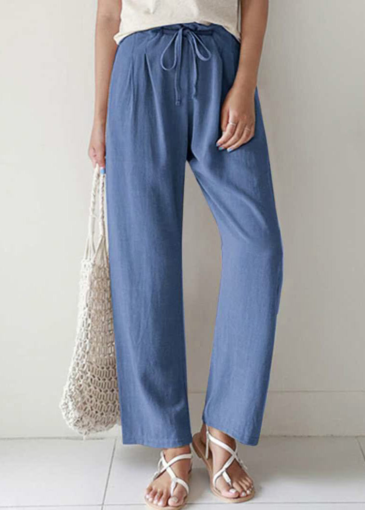 Up Casual Summer Lace Cotton Pants Blue Pockets