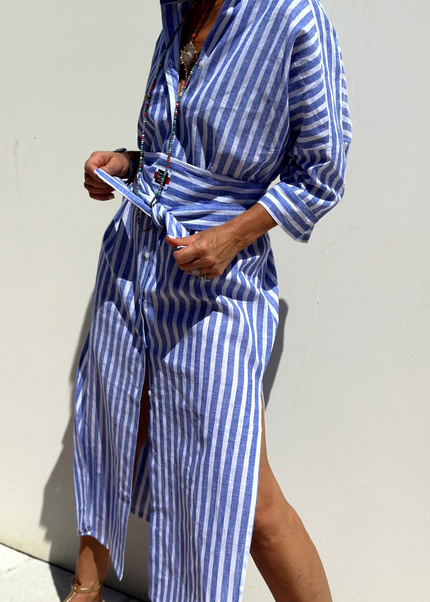 Long Blue Striped Open Patchwork Shirts Bracelet Dress Sleeve Side Casual