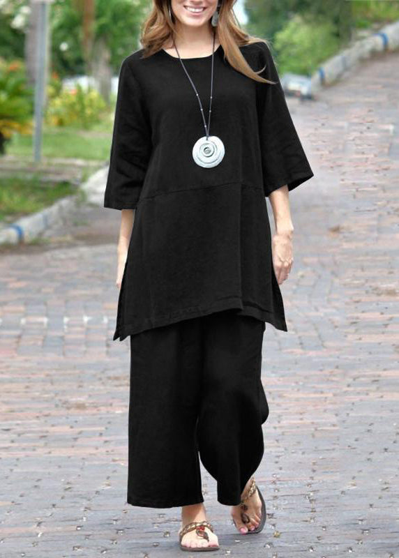 Top Pants And Pieces Two Set Side Caramel Casual Open Crop O-Neck