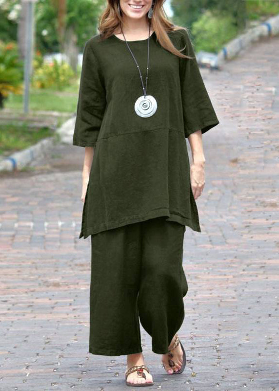 Top Pants And Pieces Two Set Side Caramel Casual Open Crop O-Neck