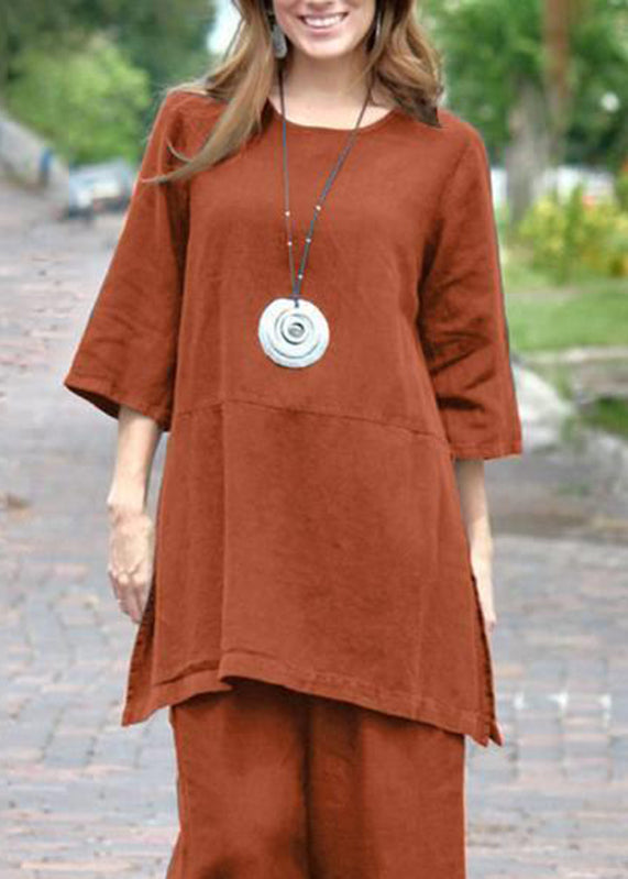 Top Pants And Pieces Two Set Side Caramel Casual Open Crop O-Neck