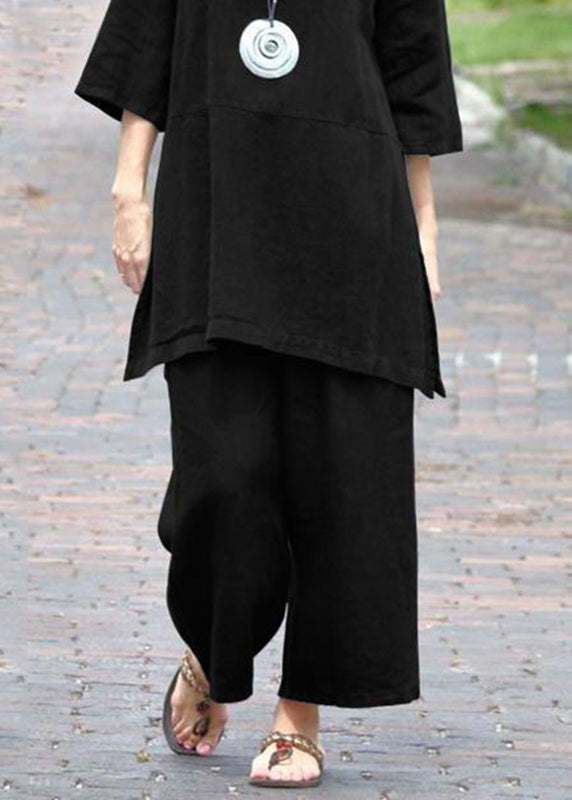 Top Pants And Pieces Two Set Side Caramel Casual Open Crop O-Neck