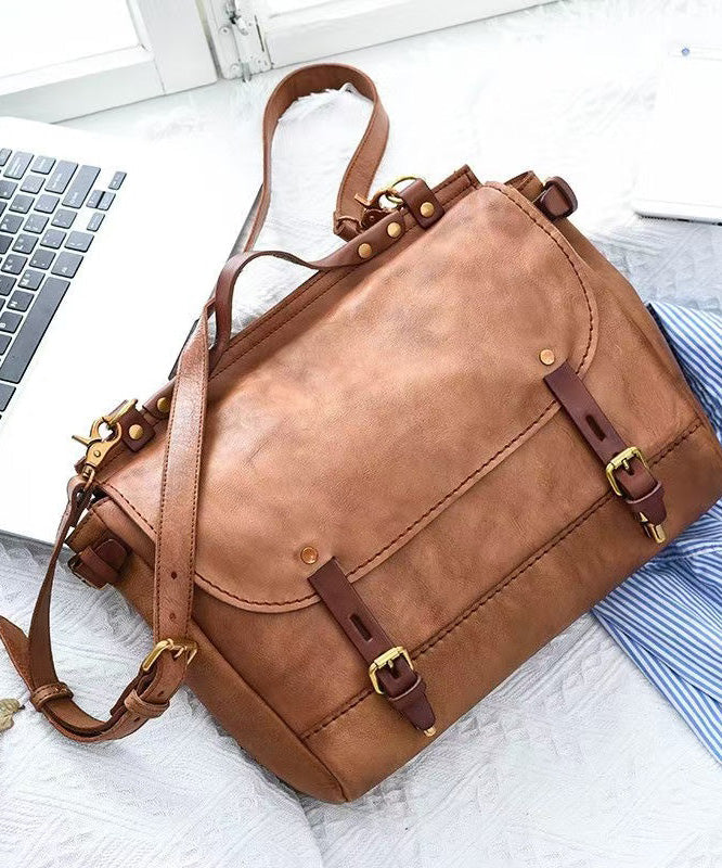 Large Casual Messenger Bag Leather Khaki CrossBody Capacity