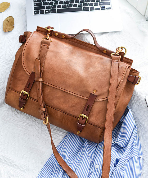 Large Casual Messenger Bag Leather Khaki CrossBody Capacity