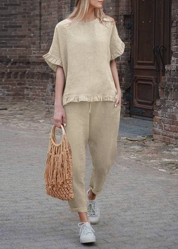 Two Casual Top Pieces Crop Pants And Patchwork Khaki Ruffled Set