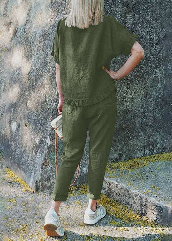 Two Casual Top Pieces Crop Pants And Patchwork Khaki Ruffled Set