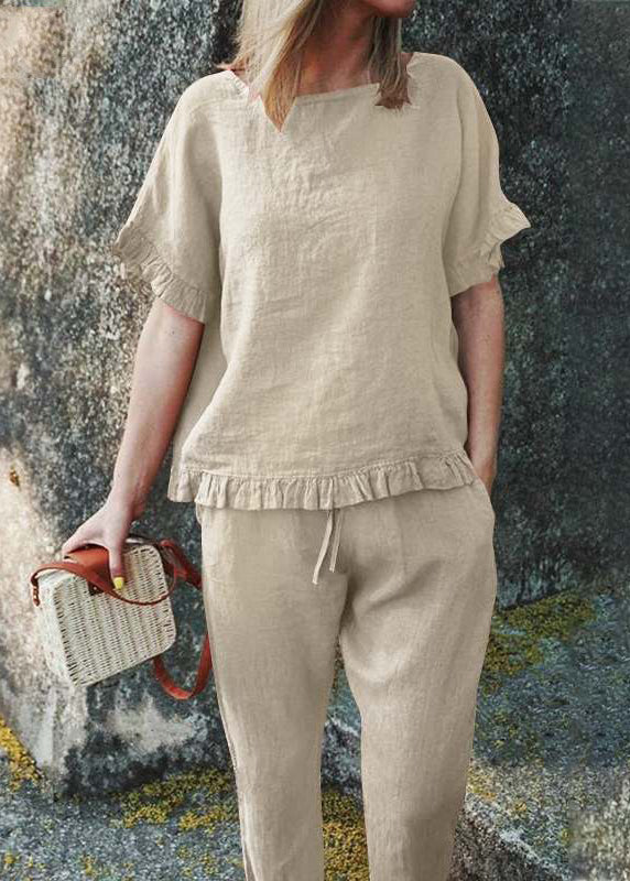Two Casual Top Pieces Crop Pants And Patchwork Khaki Ruffled Set