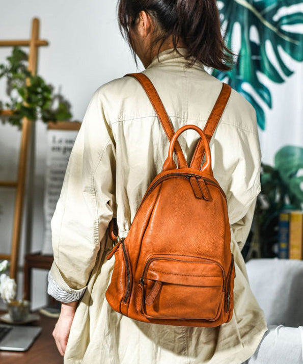 Large Capacity Orange Handbag Casual Tote Backpack Leather
