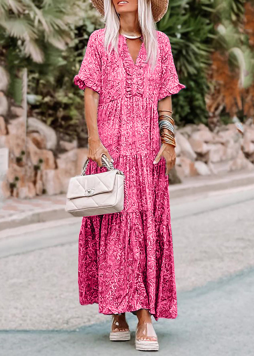 Casual Neck Print Summer V Dresses Long Pink