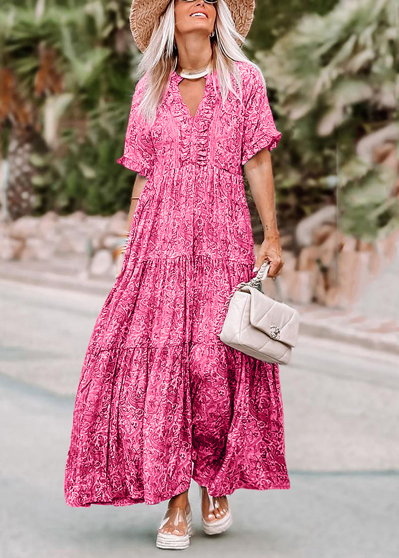 Casual Neck Print Summer V Dresses Long Pink