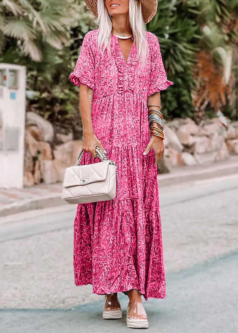 Casual Neck Print Summer V Dresses Long Pink