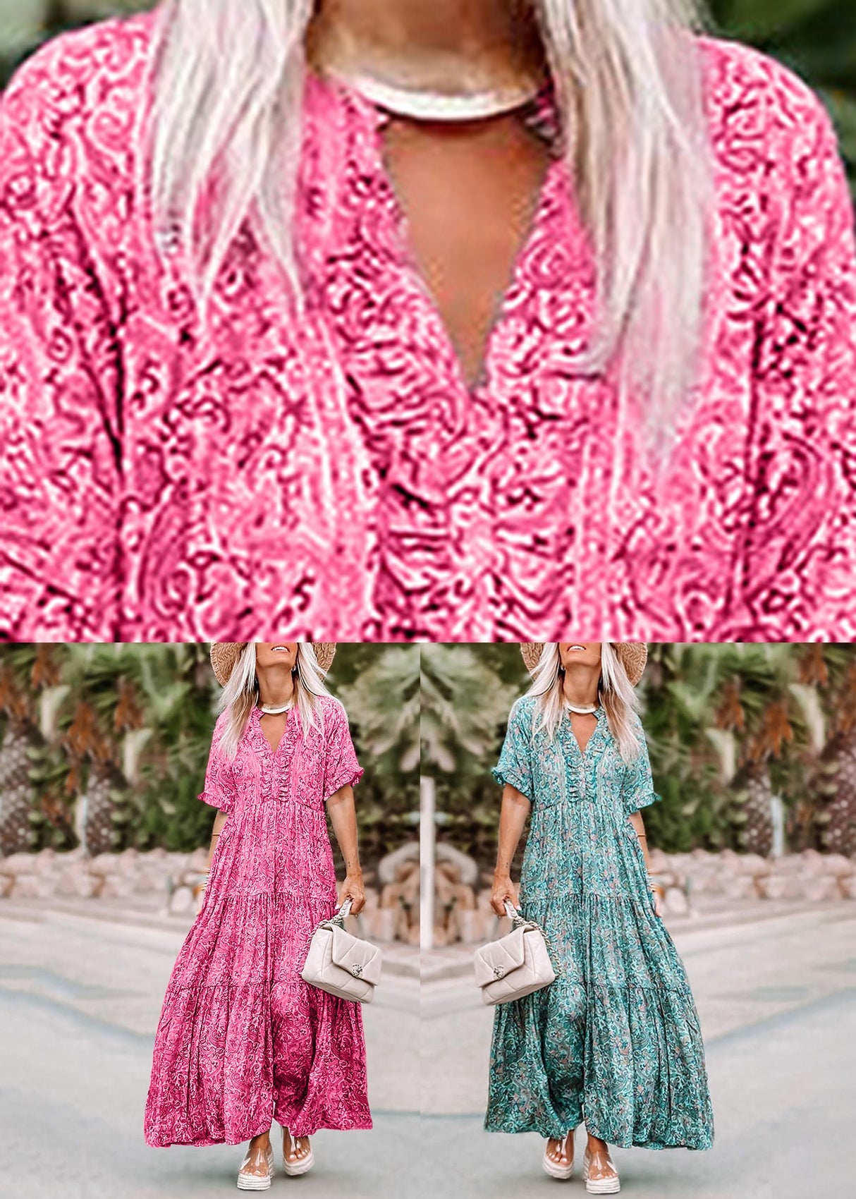 Casual Neck Print Summer V Dresses Long Pink