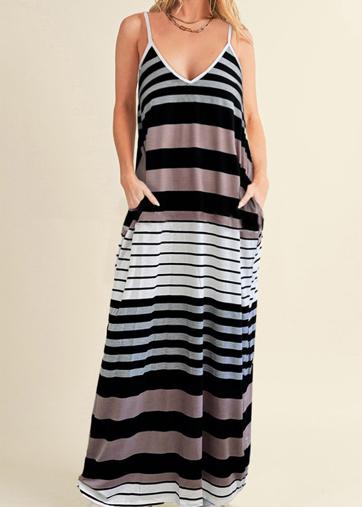 Summer Dress Neck Strap Pockets Casual Striped V Spaghetti Maxi