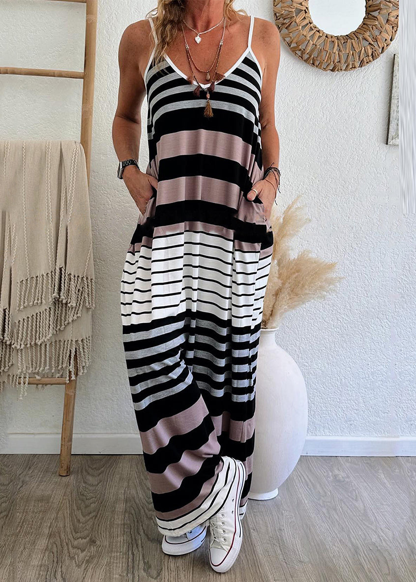 Summer Dress Neck Strap Pockets Casual Striped V Spaghetti Maxi