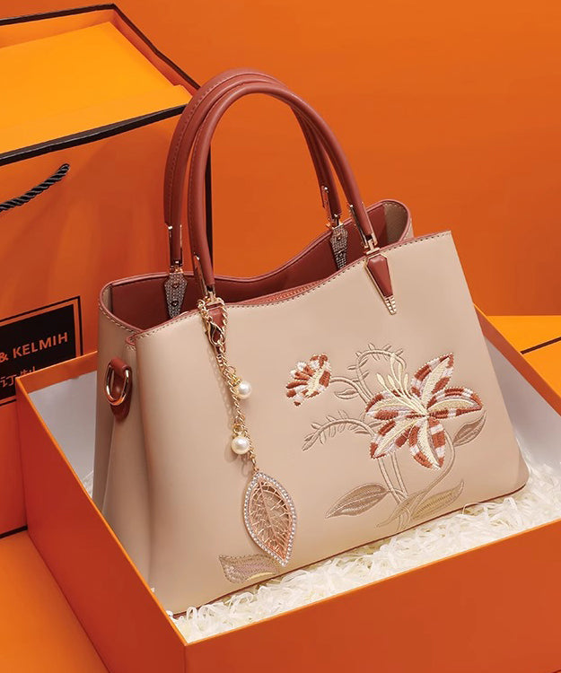Leather Calf Embroidery Apricot Tote Bag Chic