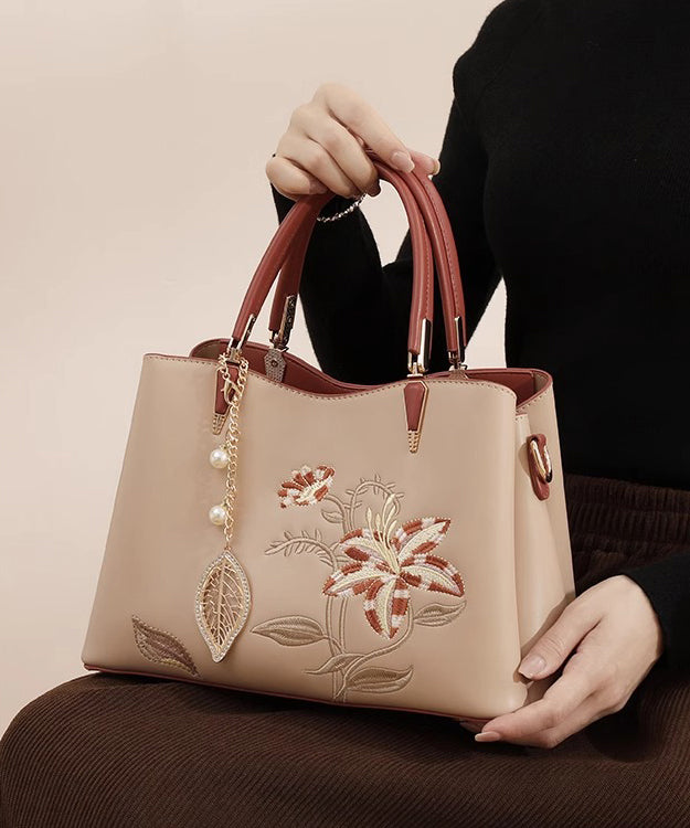 Leather Calf Embroidery Apricot Tote Bag Chic