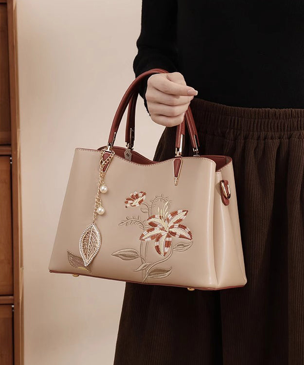 Leather Calf Embroidery Apricot Tote Bag Chic