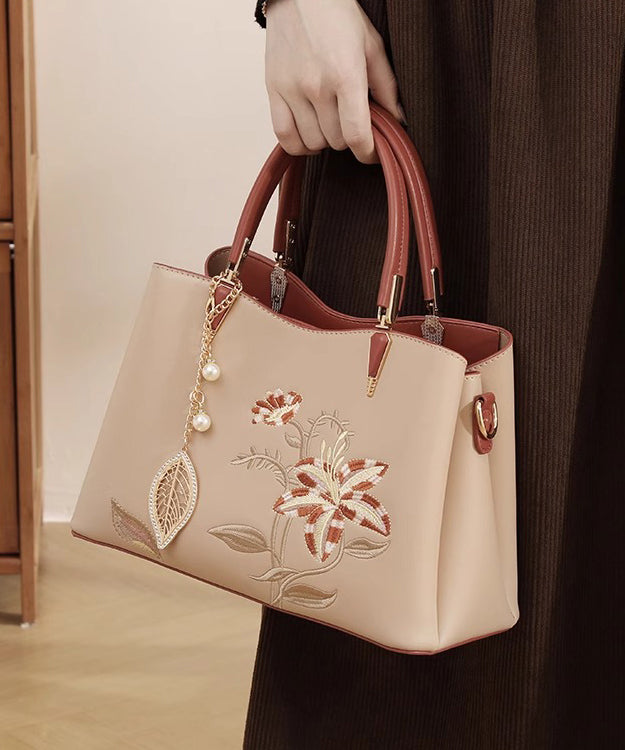 Leather Calf Embroidery Apricot Tote Bag Chic