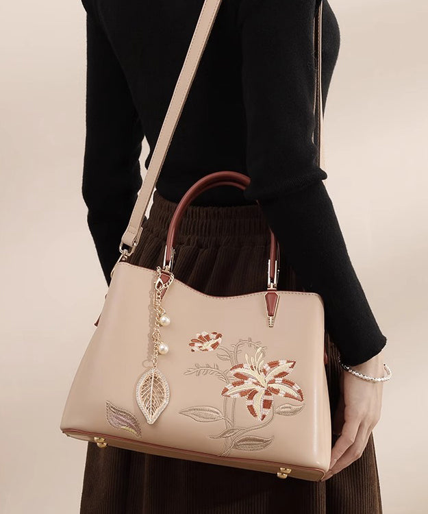 Leather Calf Embroidery Apricot Tote Bag Chic