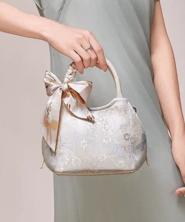 Tote Bow Bag Jacquard Chic Cotton Beige