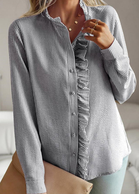 Collar Chic Black Ruffled Shirts Lantern Stand Sleeve