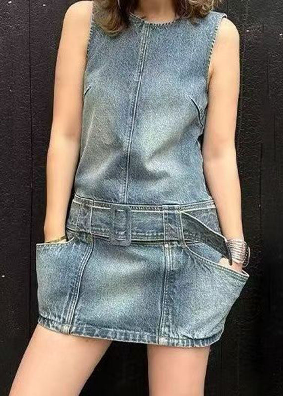 Blue Chic Mid Dress Denim O-Neck Sleeveless Patchwork Sashes
