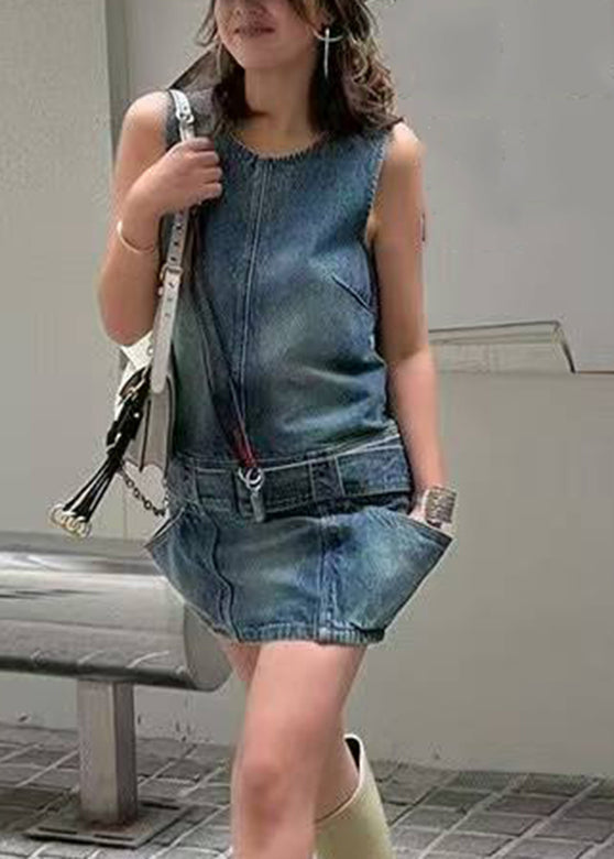 Blue Chic Mid Dress Denim O-Neck Sleeveless Patchwork Sashes