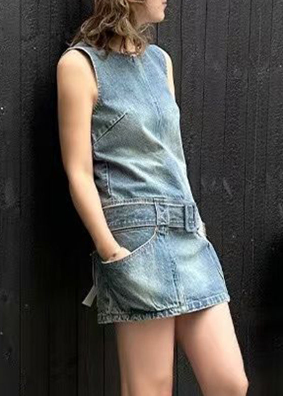 Blue Chic Mid Dress Denim O-Neck Sleeveless Patchwork Sashes