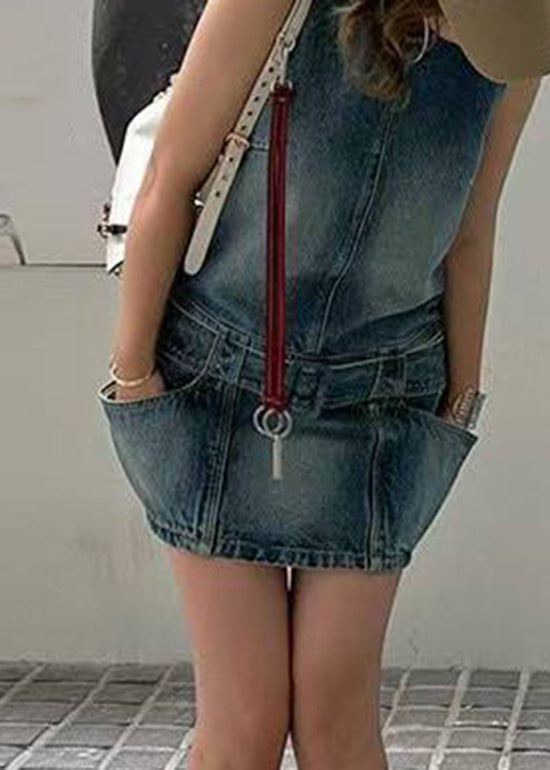 Blue Chic Mid Dress Denim O-Neck Sleeveless Patchwork Sashes