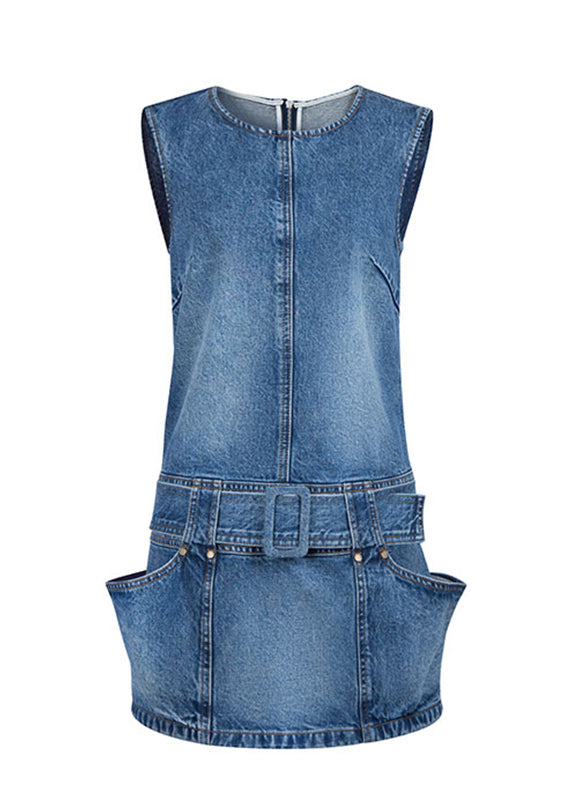 Blue Chic Mid Dress Denim O-Neck Sleeveless Patchwork Sashes