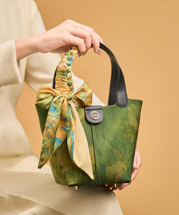 Green Versatile Chinese Silk Style Handbag Tote Print