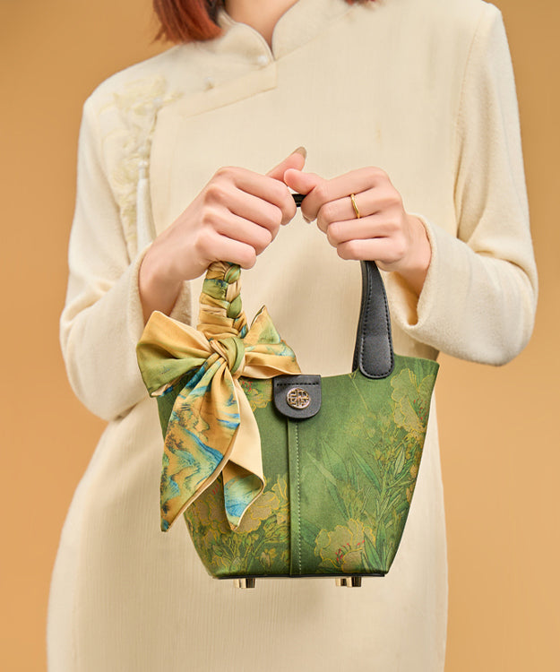 Green Versatile Chinese Silk Style Handbag Tote Print