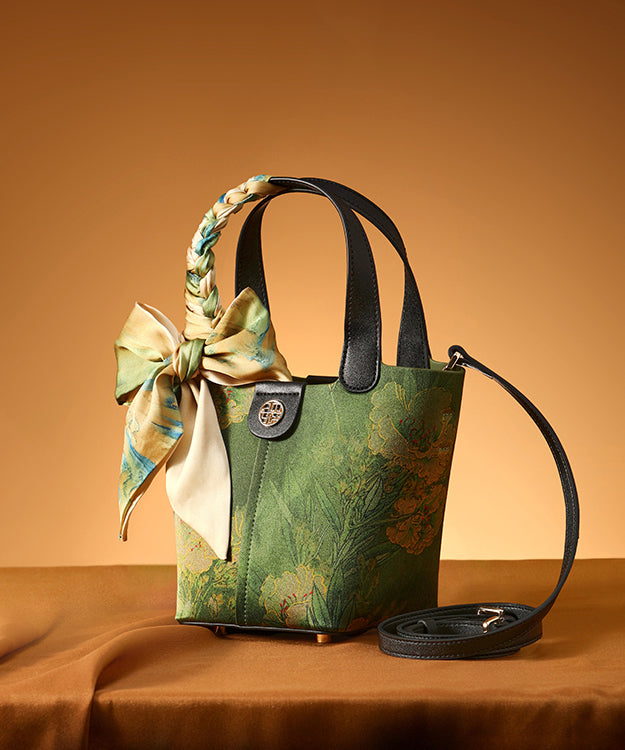 Green Versatile Chinese Silk Style Handbag Tote Print