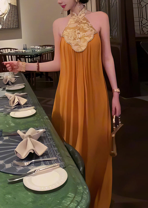 Style Collar Yellow Chinese Long Summer Dress Stand Patchwork