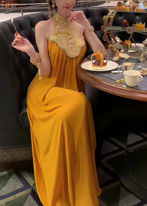 Style Collar Yellow Chinese Long Summer Dress Stand Patchwork