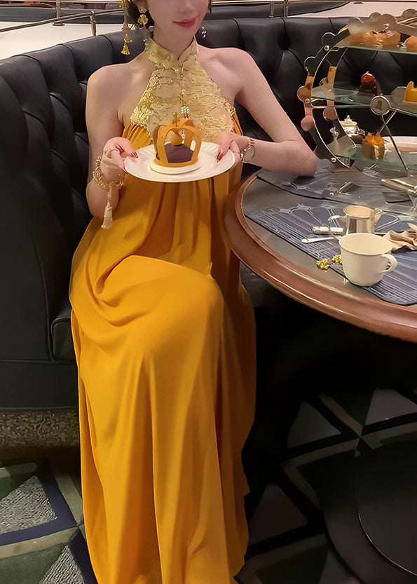 Style Collar Yellow Chinese Long Summer Dress Stand Patchwork