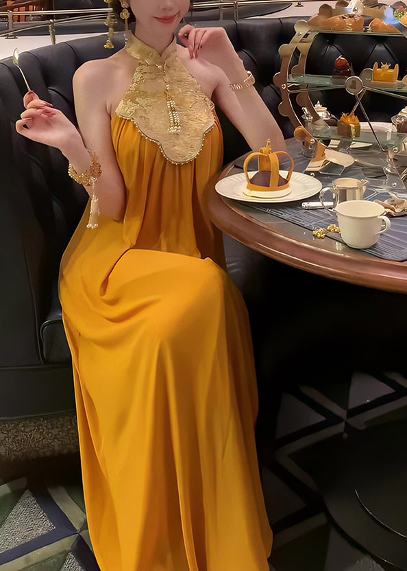 Style Collar Yellow Chinese Long Summer Dress Stand Patchwork