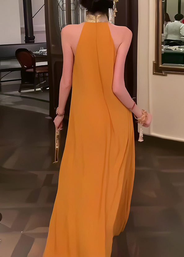 Style Collar Yellow Chinese Long Summer Dress Stand Patchwork