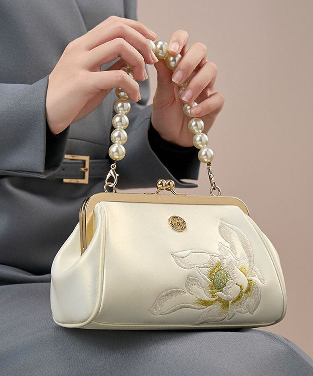 Chinese Crossbody Pearl White Handbag Embroidered Cowhide