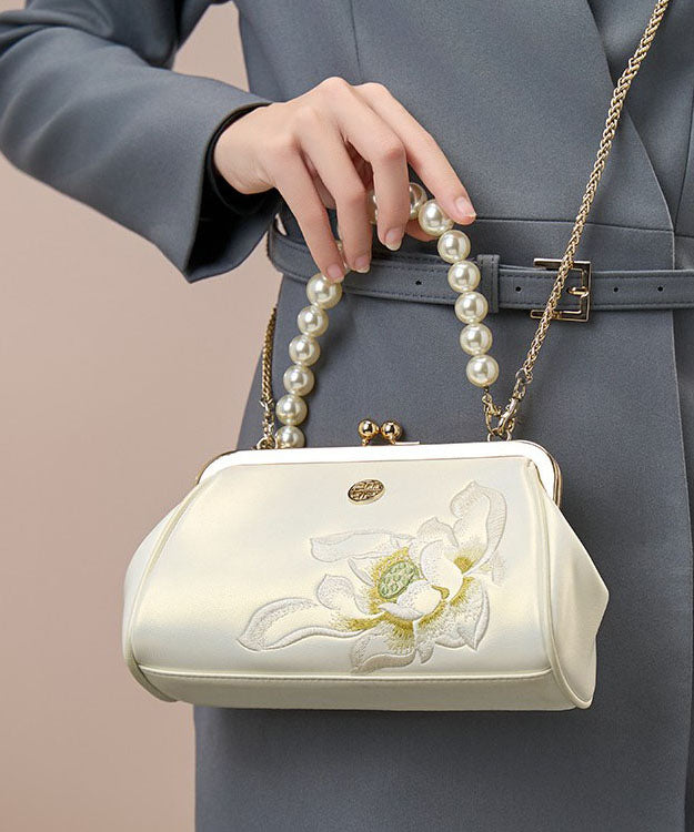 Chinese Crossbody Pearl White Handbag Embroidered Cowhide
