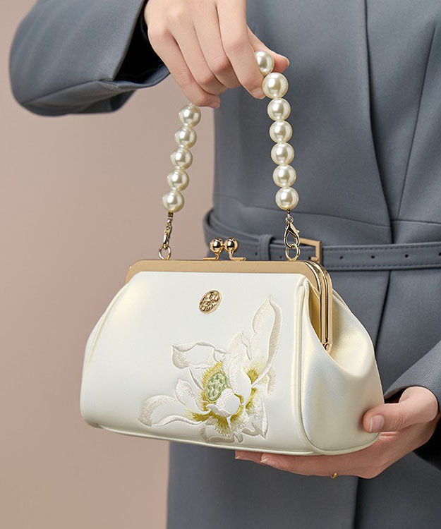 Chinese Crossbody Pearl White Handbag Embroidered Cowhide