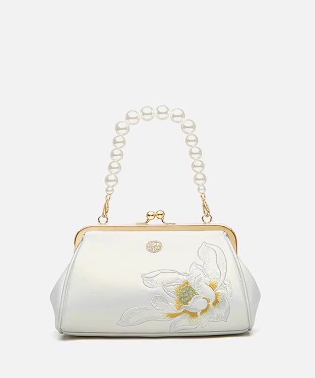 Chinese Crossbody Pearl White Handbag Embroidered Cowhide