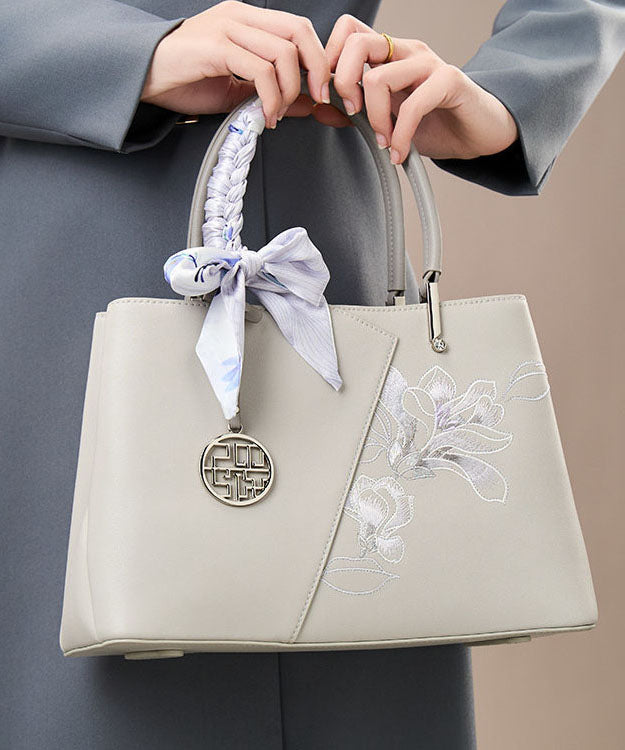 Calf Embroidery Classy Leather Bag Tote Grey
