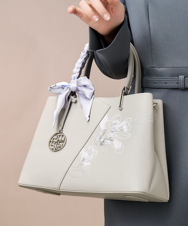 Calf Embroidery Classy Leather Bag Tote Grey